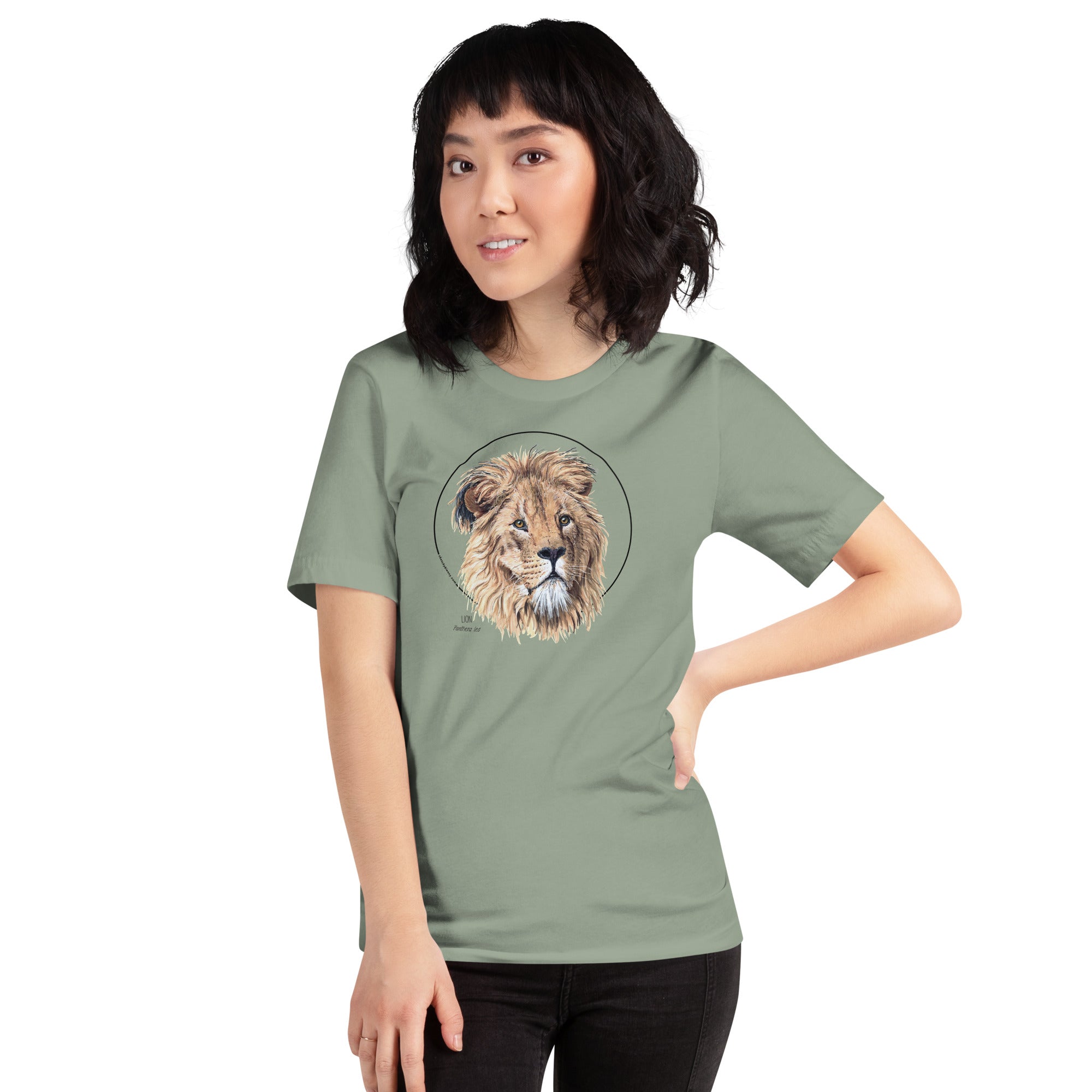Product mockup of our lion print t-shirt, worn by a female model. This shirt's base colour is sage.