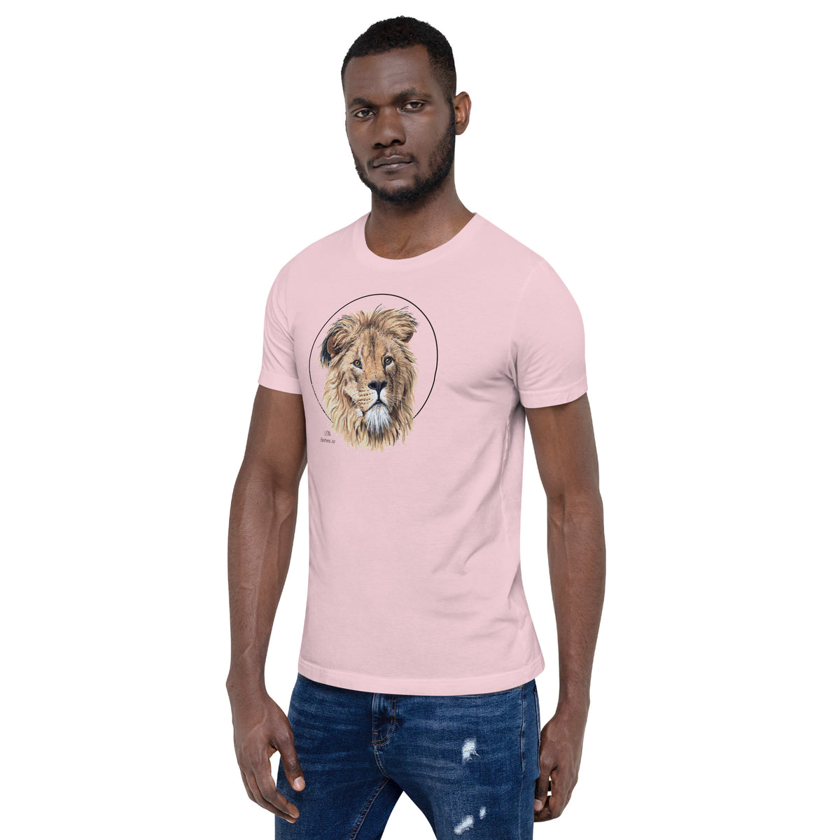 Product mockup of our lion print t-shirt, worn by a male model. This shirt's base colour is soft pink.