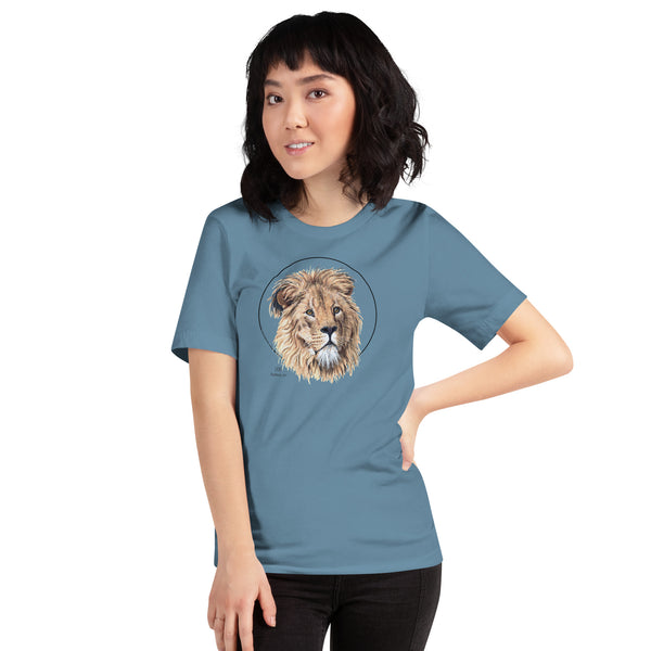 Product mockup of our lion print t-shirt, worn by a female model. This shirt's base colour is steel blue.