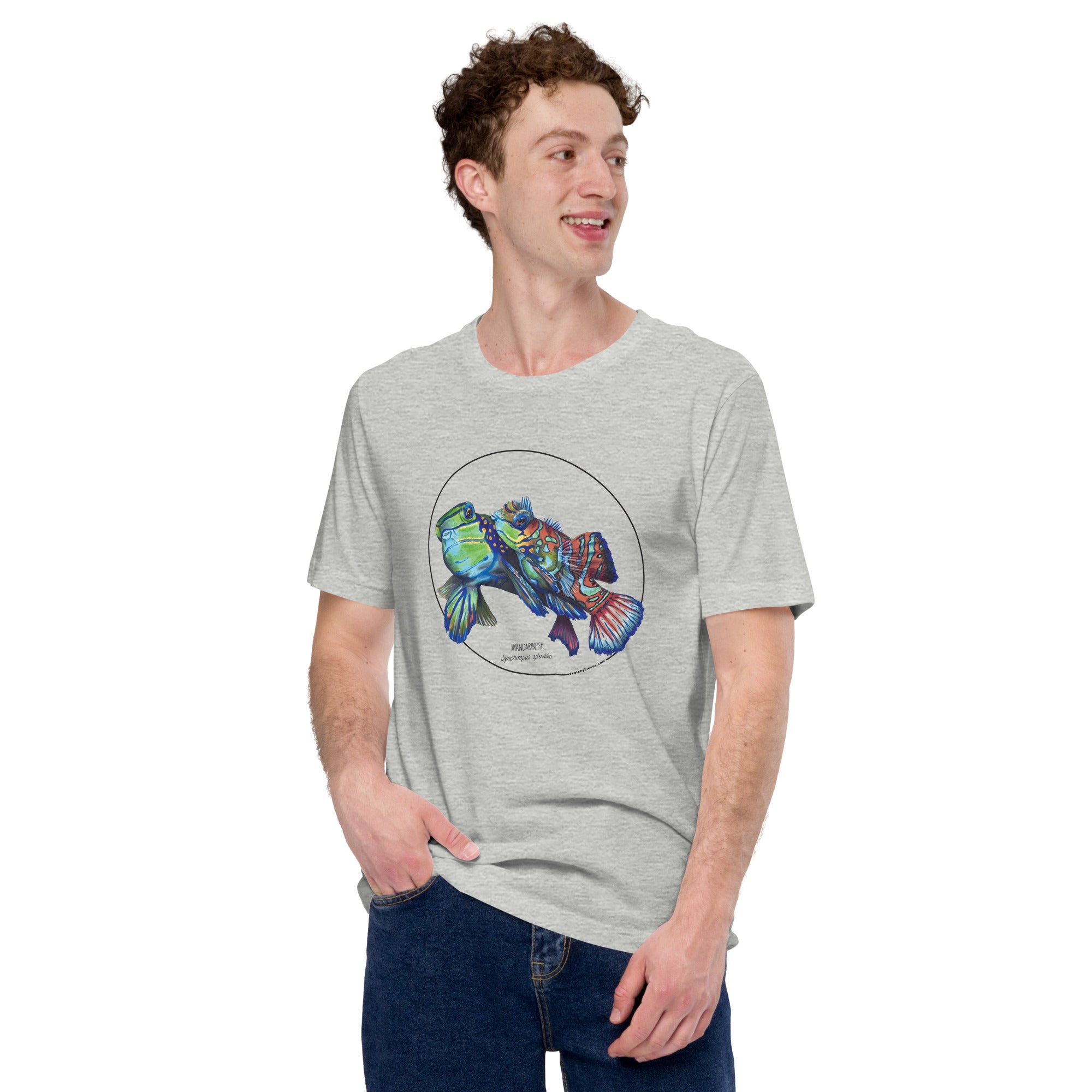 Product mockup showing a male model wearing the t-shirt with a colourful print of two mandarinfish in courtship. Base colour of the shirt is athletic heather.