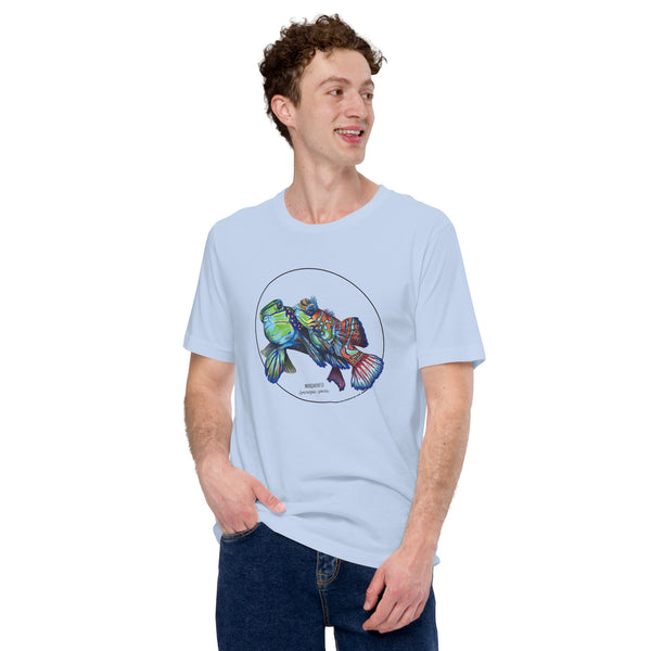 Product mockup showing a male model wearing the t-shirt with a colourful print of two mandarinfish in courtship. Base colour of the shirt is baby blue.
