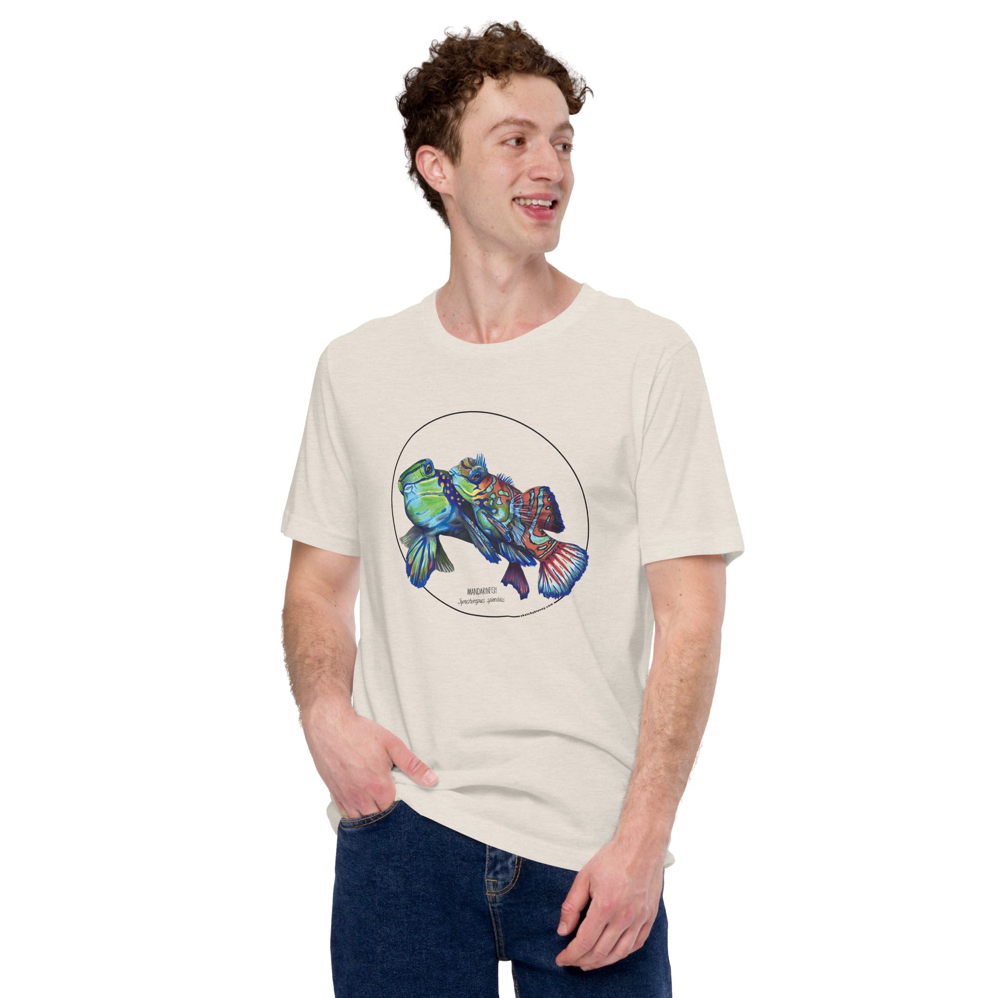 Product mockup showing a male model wearing the t-shirt with a colourful print of two mandarinfish in courtship. Base colour of the shirt is heather dust.