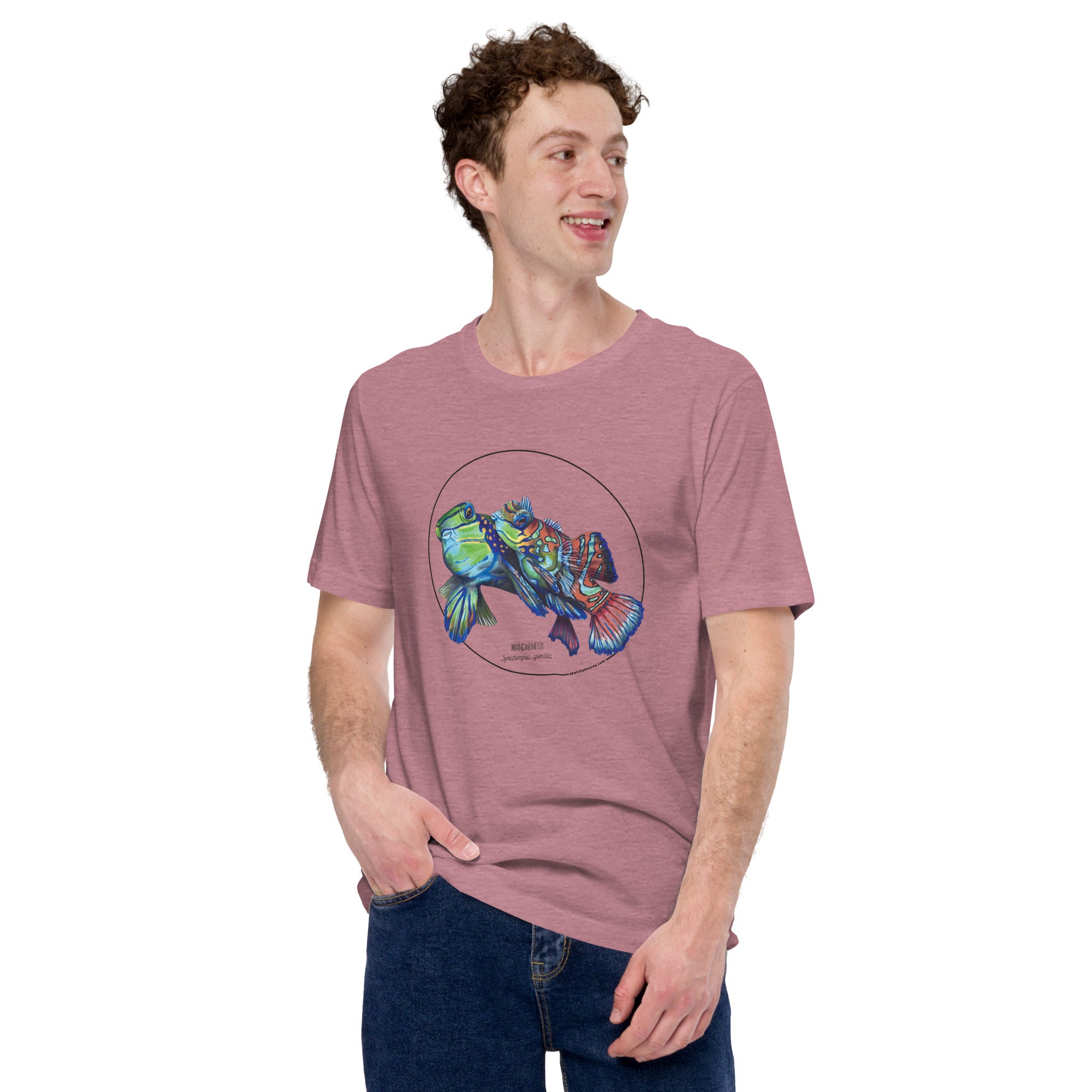 Product mockup showing a male model wearing the t-shirt with a colourful print of two mandarinfish in courtship. Base colour of the shirt is heather orchid.