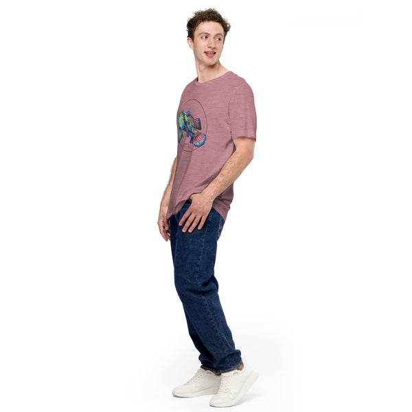 Product mockup showing a male model wearing the t-shirt with a colourful print of two mandarinfish in courtship. Base colour of the shirt is heather orchid.