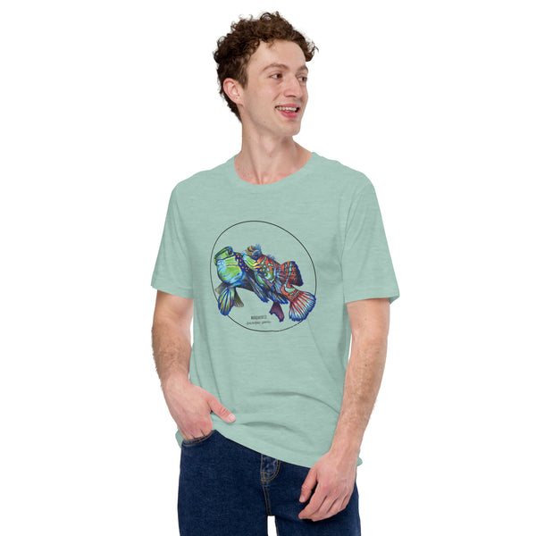 Product mockup showing a male model wearing the t-shirt with a colourful print of two mandarinfish in courtship. Base colour of the shirt is heather prism dusty blue.