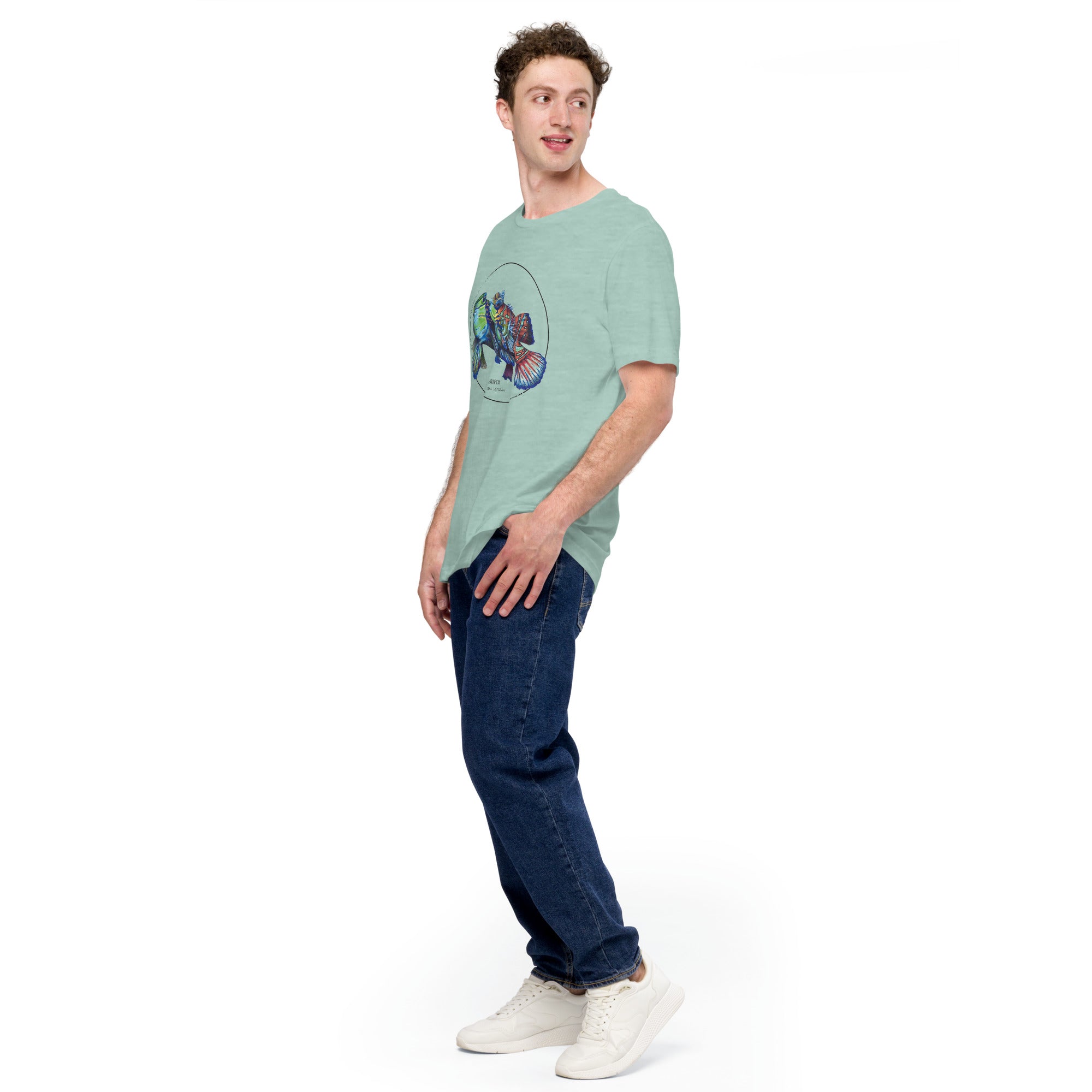 Product mockup showing a male model wearing the t-shirt with a colourful print of two mandarinfish in courtship. Base colour of the shirt is heather prism dusty blue.