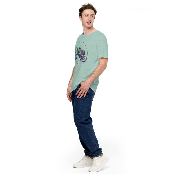 Product mockup showing a male model wearing the t-shirt with a colourful print of two mandarinfish in courtship. Base colour of the shirt is heather prism dusty blue.