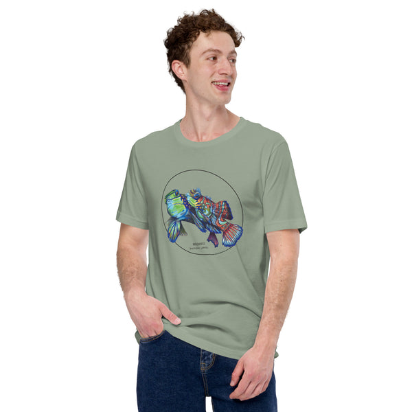 Product mockup showing a male model wearing the t-shirt with a colourful print of two mandarinfish in courtship. Base colour of the shirt is sage.