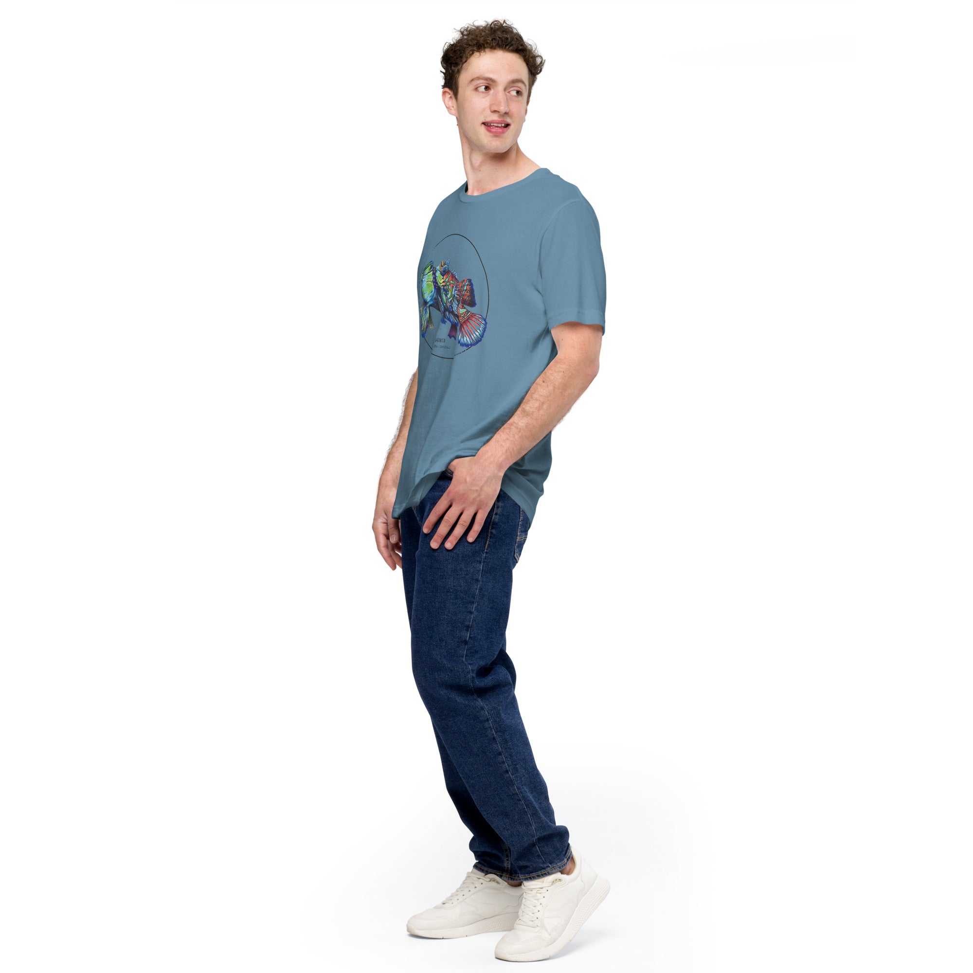 Product mockup showing a male model wearing the t-shirt with a colourful print of two mandarinfish in courtship. Base colour of the shirt is steel blue.