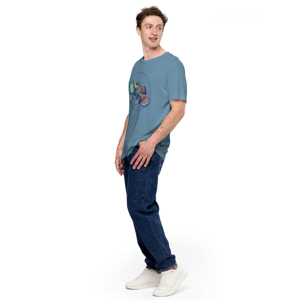 Product mockup showing a male model wearing the t-shirt with a colourful print of two mandarinfish in courtship. Base colour of the shirt is steel blue.