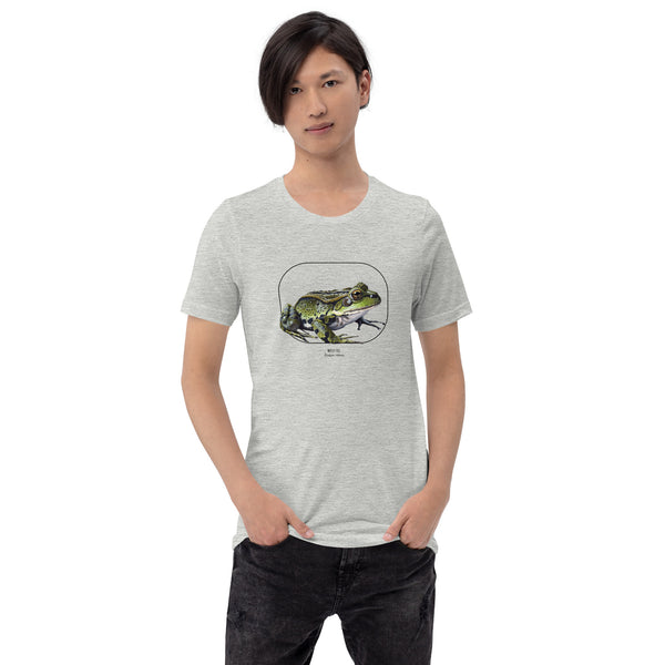 Product mockup of our beautiful marsh frog t-shirt on a slim male model. The shirt base colour is athletic heather.