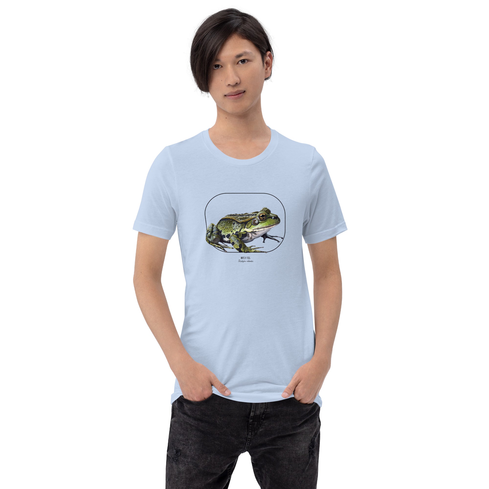 Product mockup of our beautiful marsh frog t-shirt on a slim male model. The shirt base colour is baby blue.