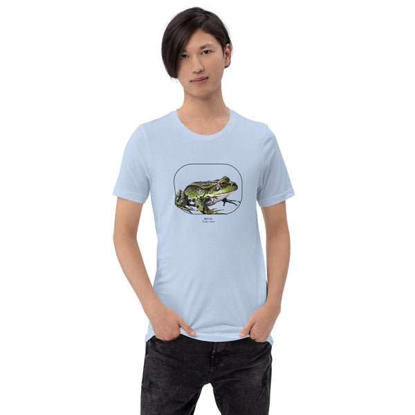 Product mockup of our beautiful marsh frog t-shirt on a slim male model. The shirt base colour is baby blue.