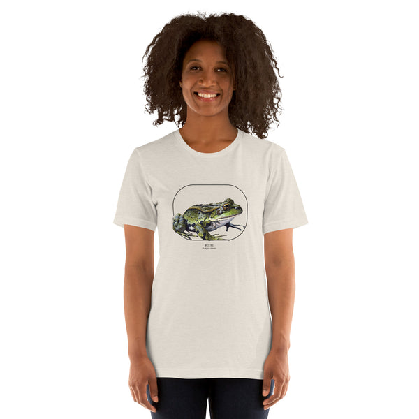 Product mockup of our beautiful marsh frog t-shirt on a female model. The shirt base colour is heather dust.