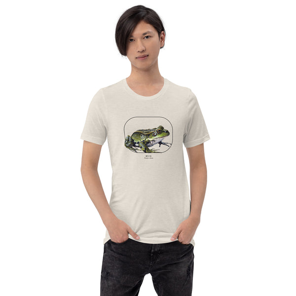 Product mockup of our beautiful marsh frog t-shirt on a slim male model. The shirt base colour is heather dust.