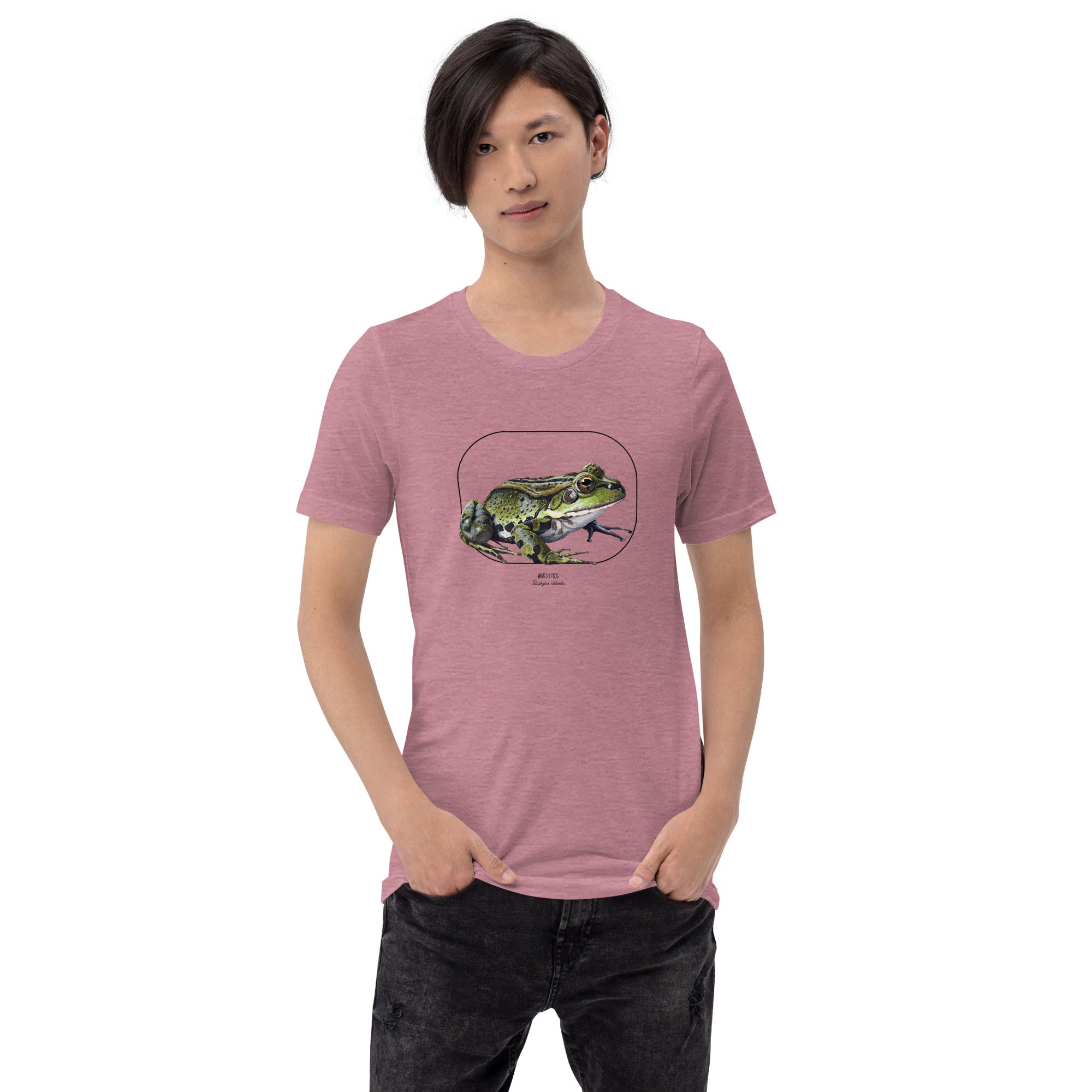 Product mockup of our beautiful marsh frog t-shirt on a slim male model. The shirt base colour is heather orchid.