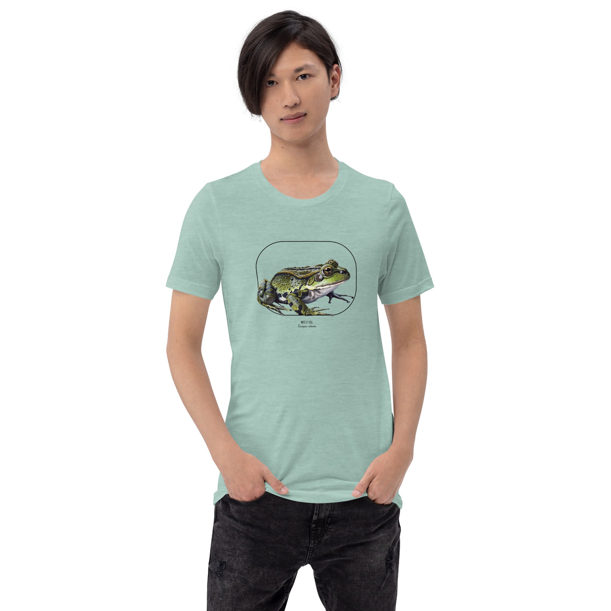 Product mockup of our beautiful marsh frog t-shirt on a slim male model. The shirt base colour is heather prism dusty blue.