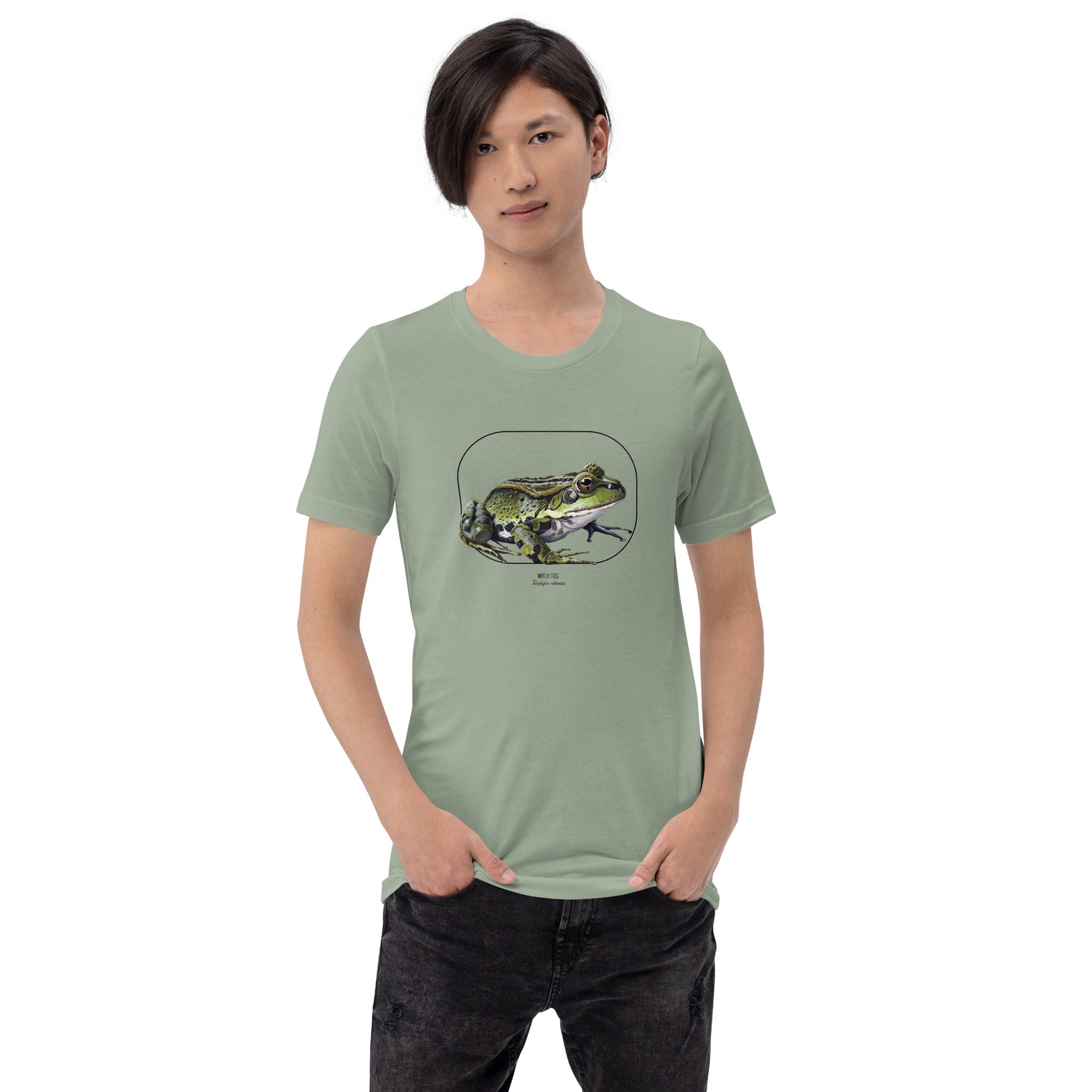 Product mockup of our beautiful marsh frog t-shirt on a slim male model. The shirt base colour is sage.