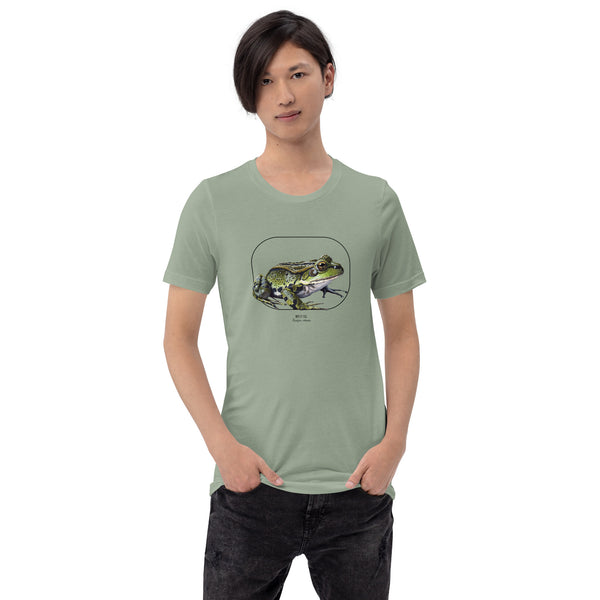 Product mockup of our beautiful marsh frog t-shirt on a slim male model. The shirt base colour is sage.