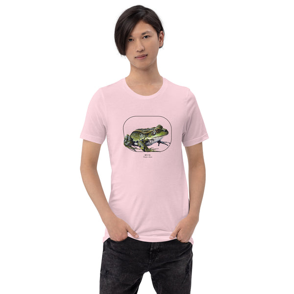 Product mockup of our beautiful marsh frog t-shirt on a slim male model. The shirt base colour is soft pink.