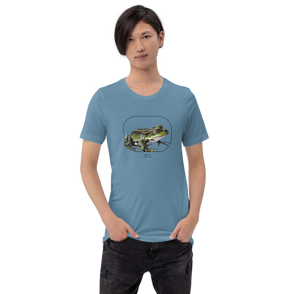 Product mockup of our beautiful marsh frog t-shirt on a slim male model. The shirt base colour is steel blue.