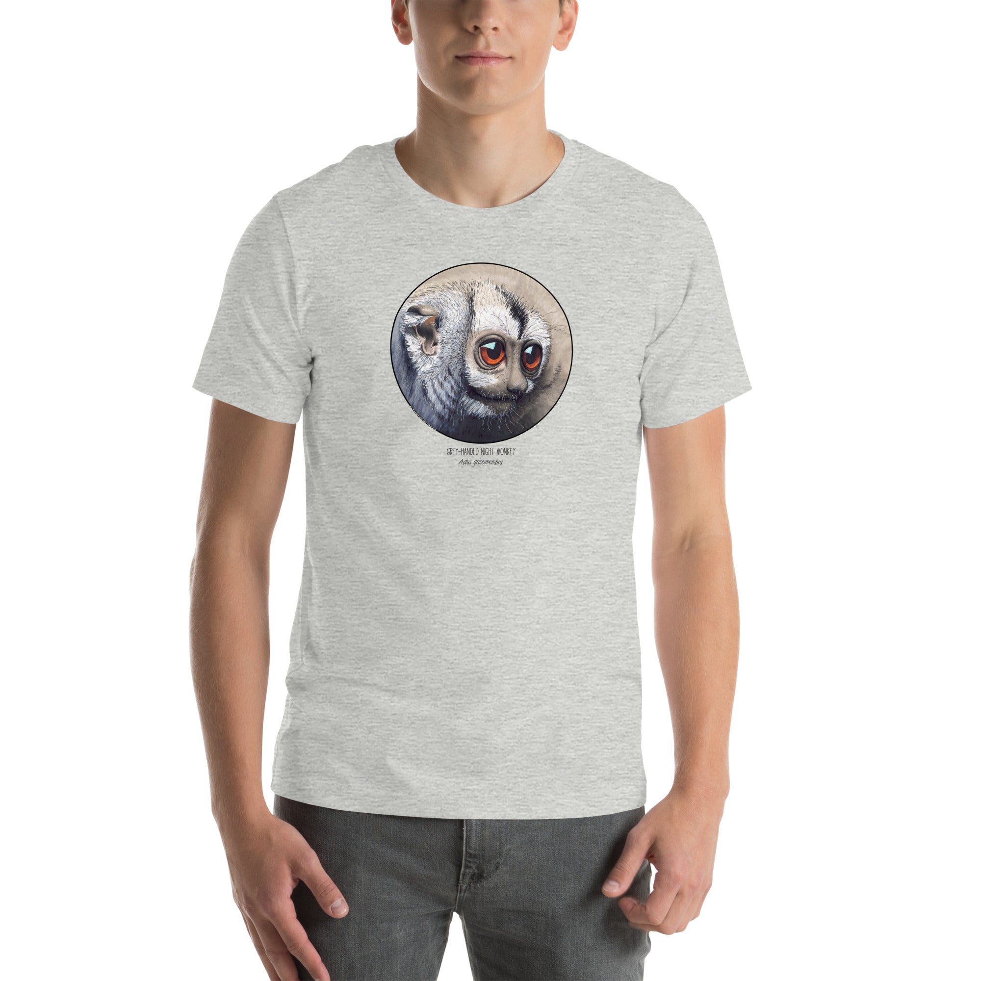 Product mockup of our cheeky night monkey t-shirt on a male model. Athletic heather base colour.