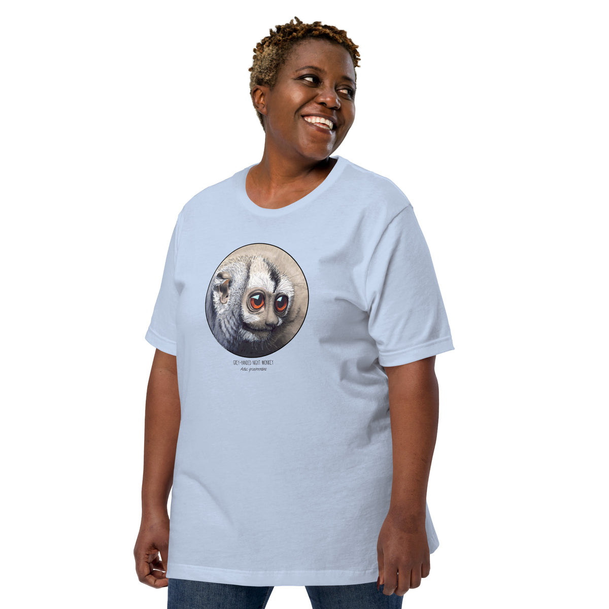 Product mockup of our cheeky night monkey t-shirt on a female plus-size model. Baby blue base colour.