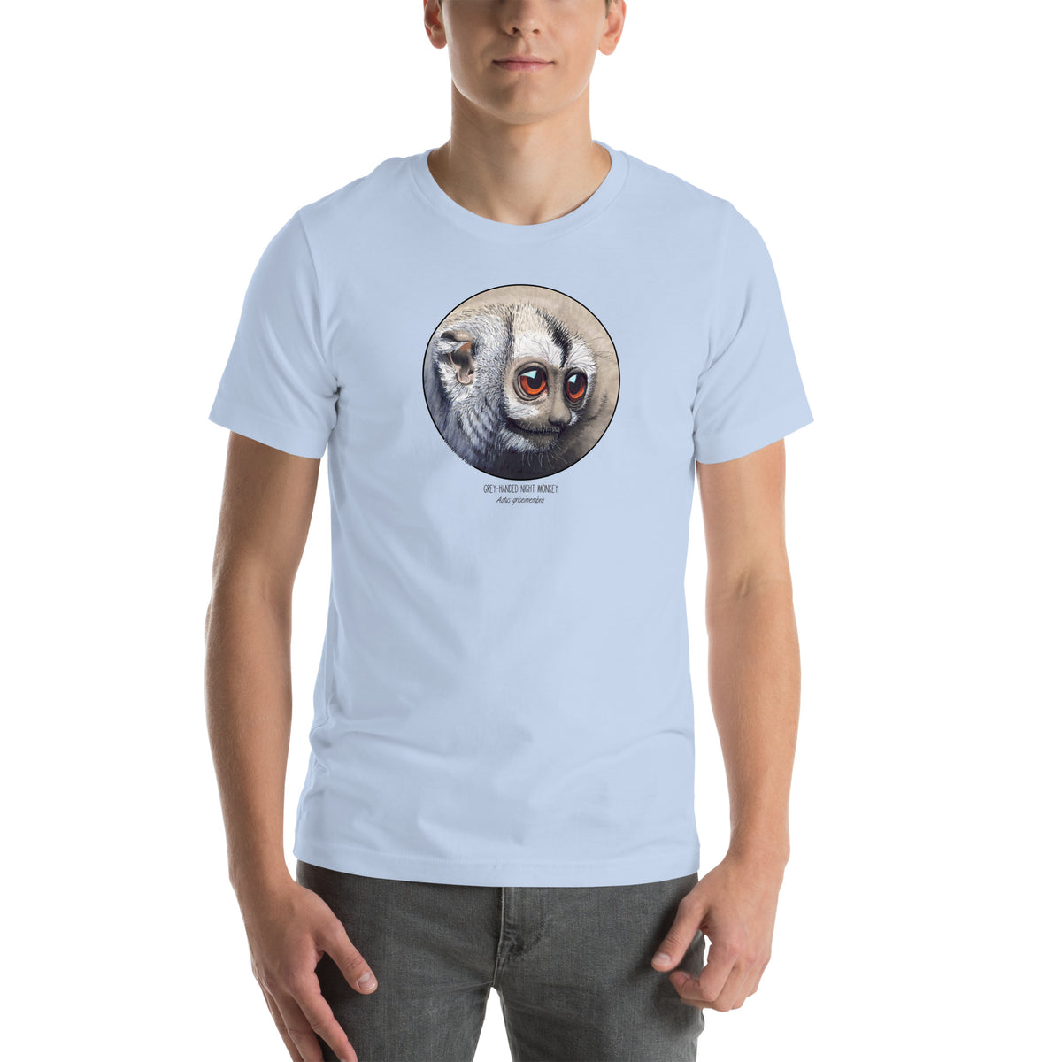 Product mockup of our cheeky night monkey t-shirt on a male model. Baby blue base colour.
