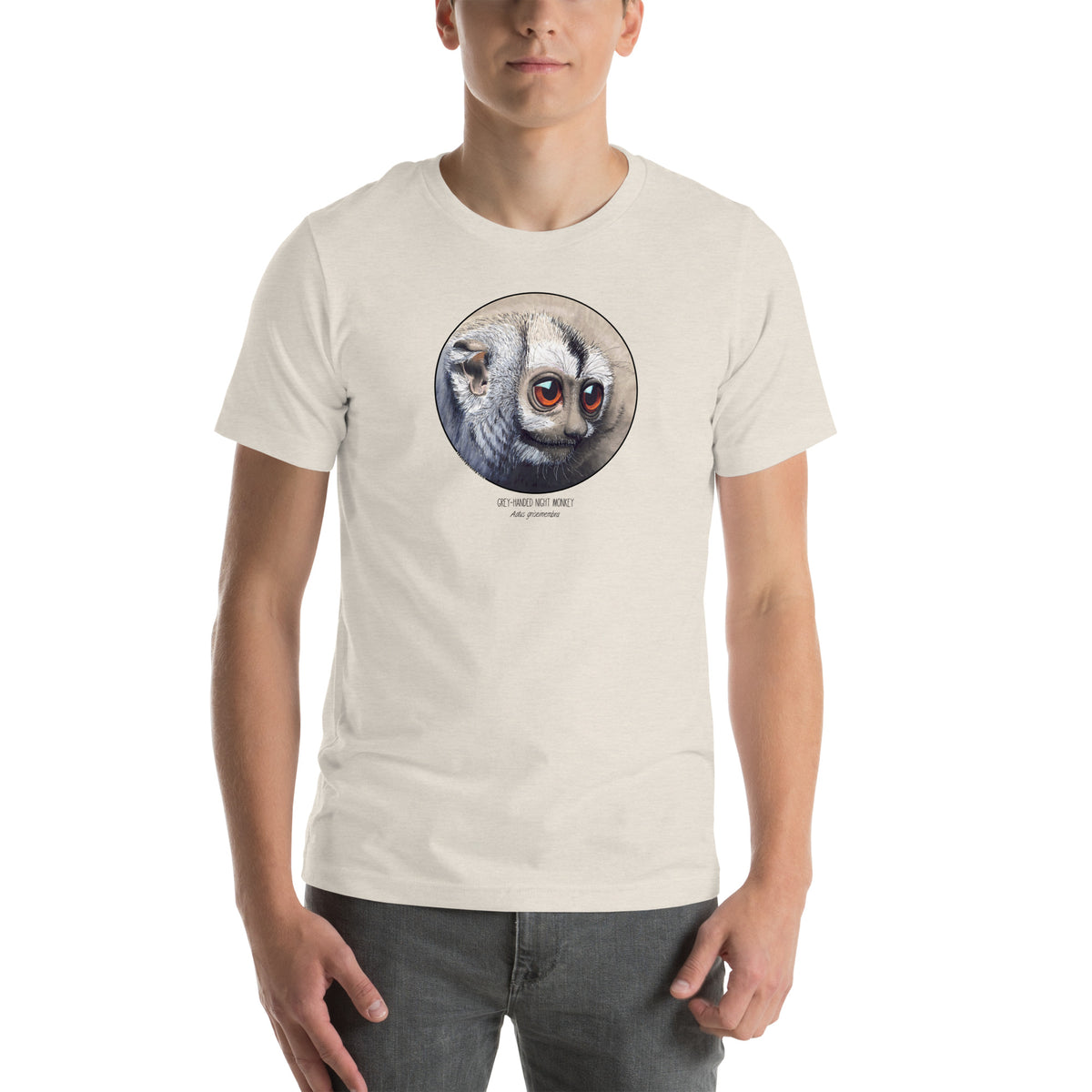 Product mockup of our cheeky night monkey t-shirt on a male model. Heather dust base colour.