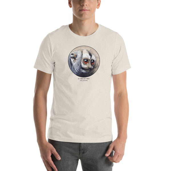 Product mockup of our cheeky night monkey t-shirt on a male model. Heather dust base colour.