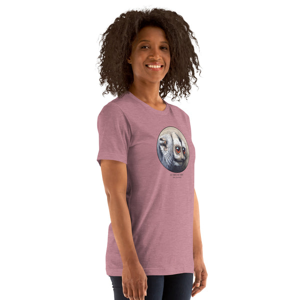 Product mockup of our cheeky night monkey t-shirt on a female model. Heather orchid base colour.