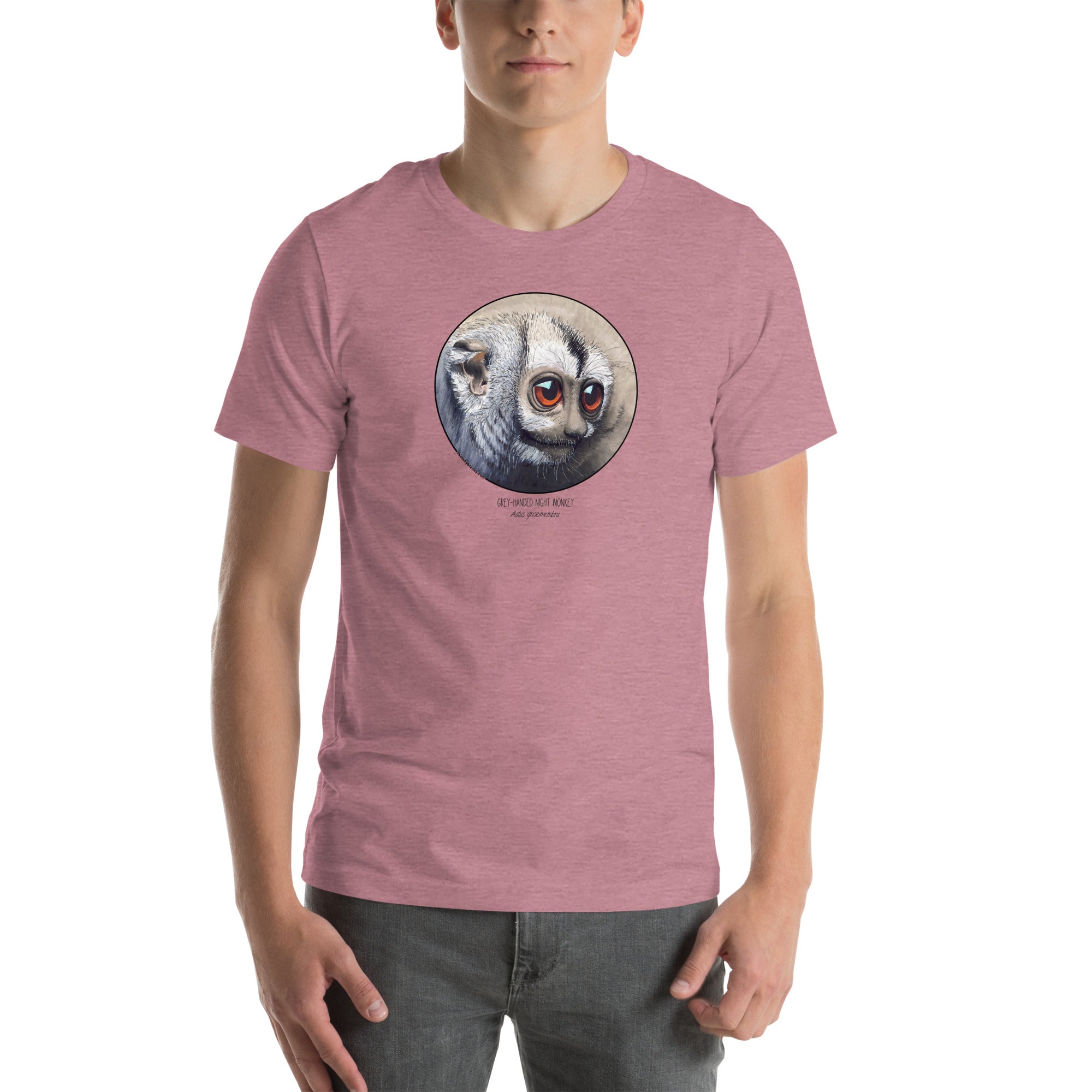 Product mockup of our cheeky night monkey t-shirt on a male model. Heather orchid base colour.
