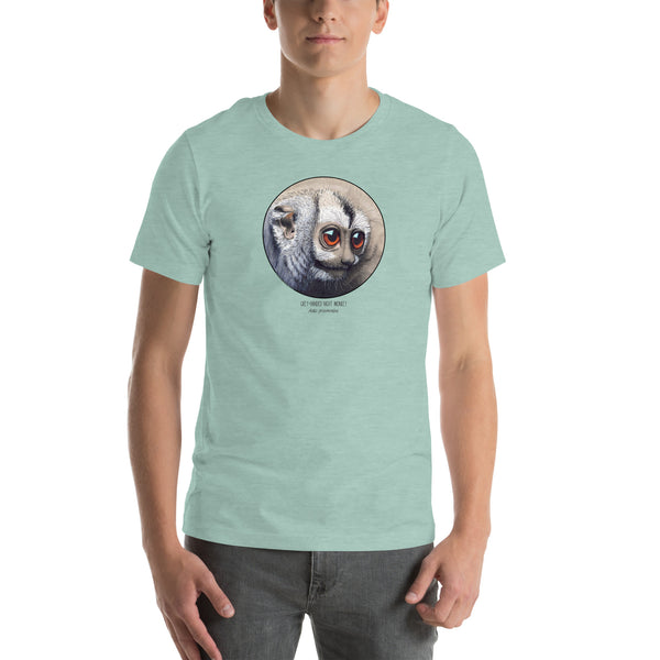 Product mockup of our cheeky night monkey t-shirt on a male model. Heather prism dusty blue base colour.