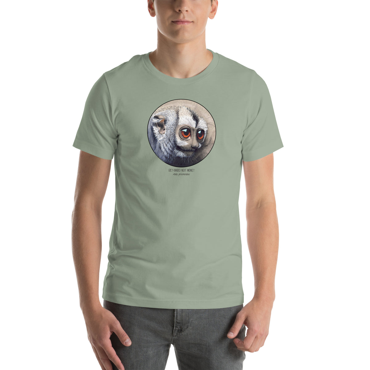Product mockup of our cheeky night monkey t-shirt on a male model. Sage base colour.