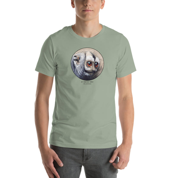 Product mockup of our cheeky night monkey t-shirt on a male model. Sage base colour.