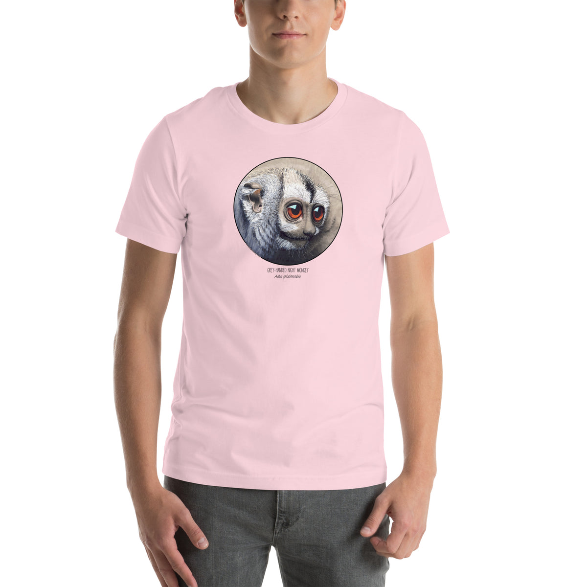 Product mockup of our cheeky night monkey t-shirt on a male model. Soft pink base colour.