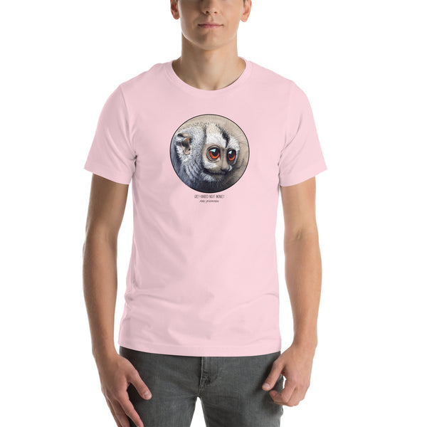 Product mockup of our cheeky night monkey t-shirt on a male model. Soft pink base colour.