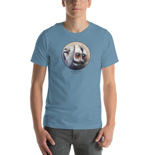 Product mockup of our cheeky night monkey t-shirt on a male model. Steel blue base colour.
