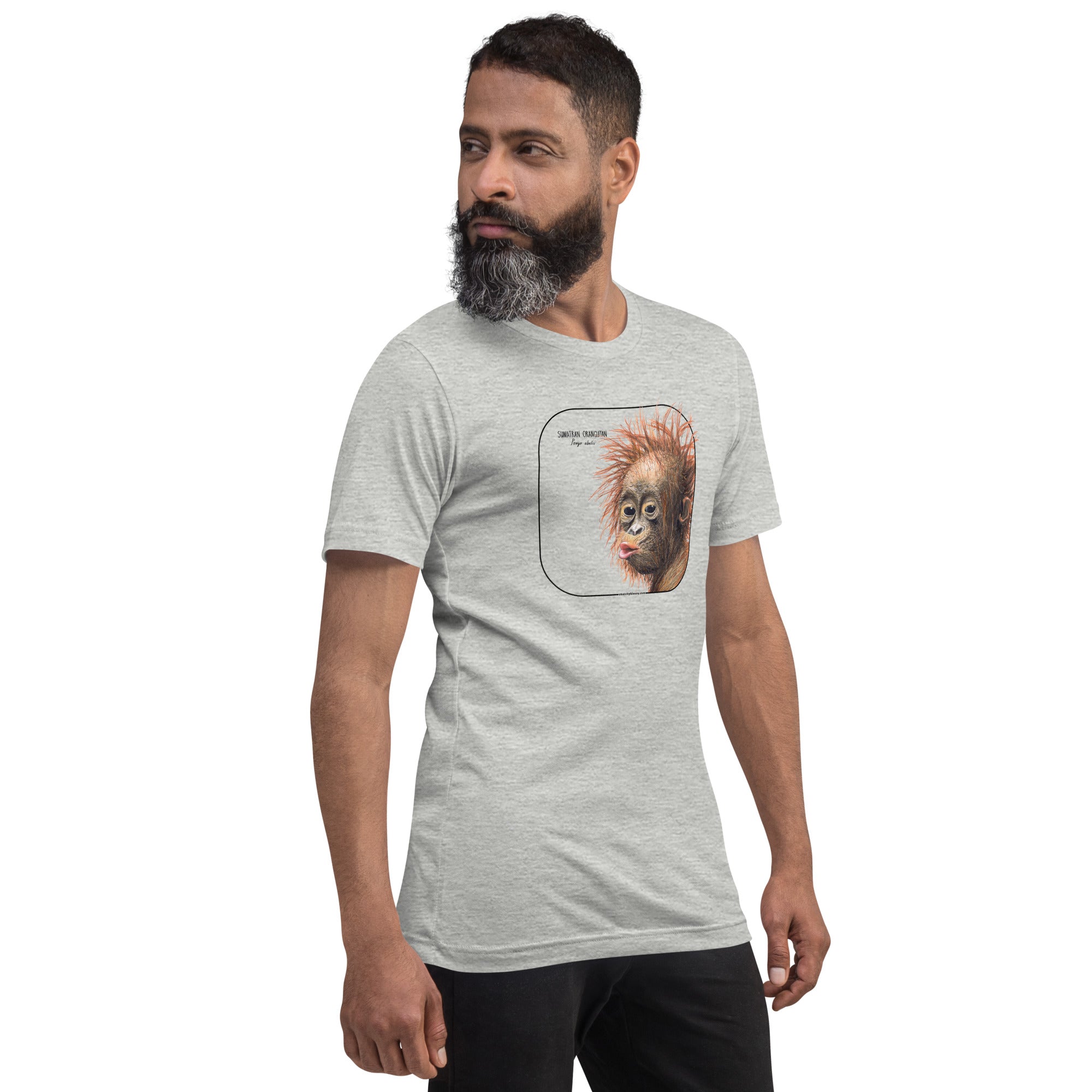 Product mockup showing a male model wearing a t-shirt with a cheeky young sumatran orangutan print. The shirt base colour is athletic heather.