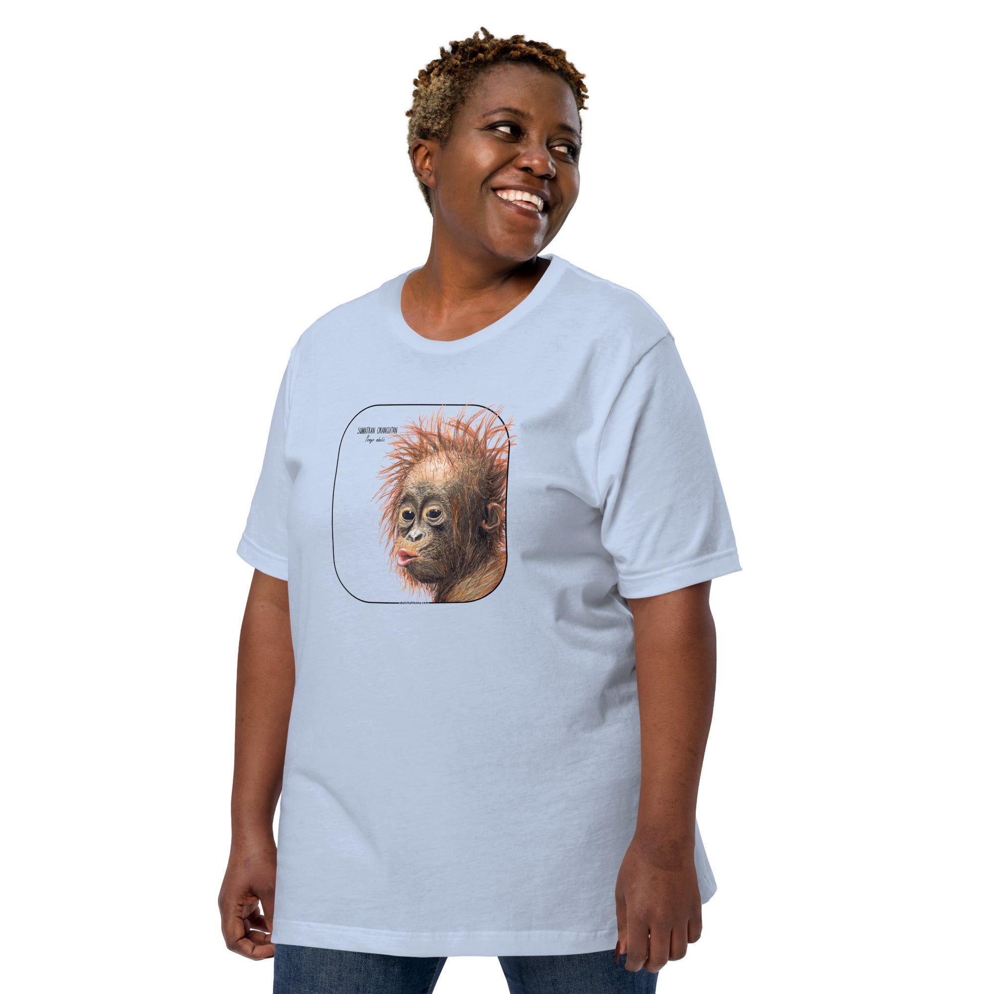 Product mockup showing a plus size female model wearing a t-shirt with a cheeky young sumatran orangutan print. The shirt base colour is baby blue.