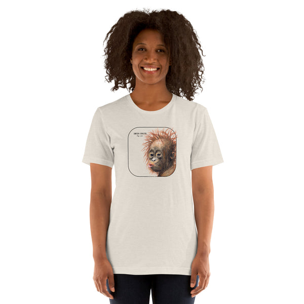 Product mockup showing a female model wearing a t-shirt with a cheeky young sumatran orangutan print. The shirt base colour is heather dust.