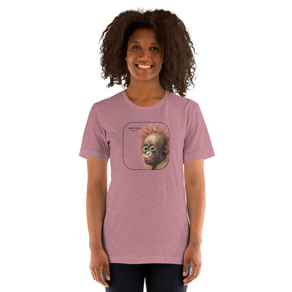 Product mockup showing a female model wearing a t-shirt with a cheeky young sumatran orangutan print. The shirt base colour is heather orchid.