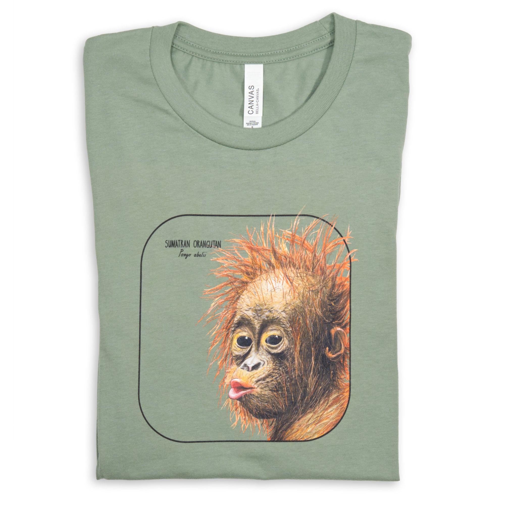 Photo showing our cheeky sumatran orangutan baby smiling from a sage coloured t-shirt lying folded on a white surface.