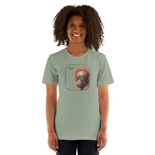 Product mockup showing a female model wearing a t-shirt with a cheeky young sumatran orangutan print. The shirt base colour is sage.