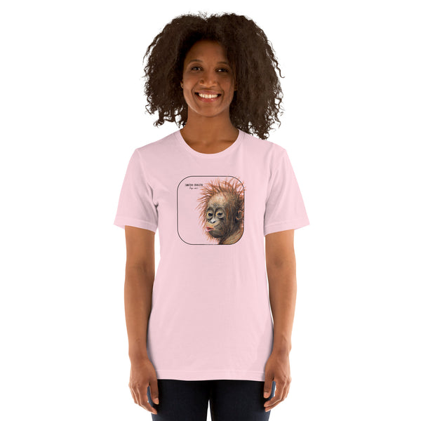 Product mockup showing a female model wearing a t-shirt with a cheeky young sumatran orangutan print. The shirt base colour is soft pink.