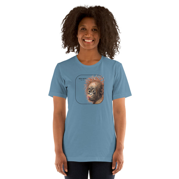 Product mockup showing a female model wearing a t-shirt with a cheeky young sumatran orangutan print. The shirt base colour is steel blue.