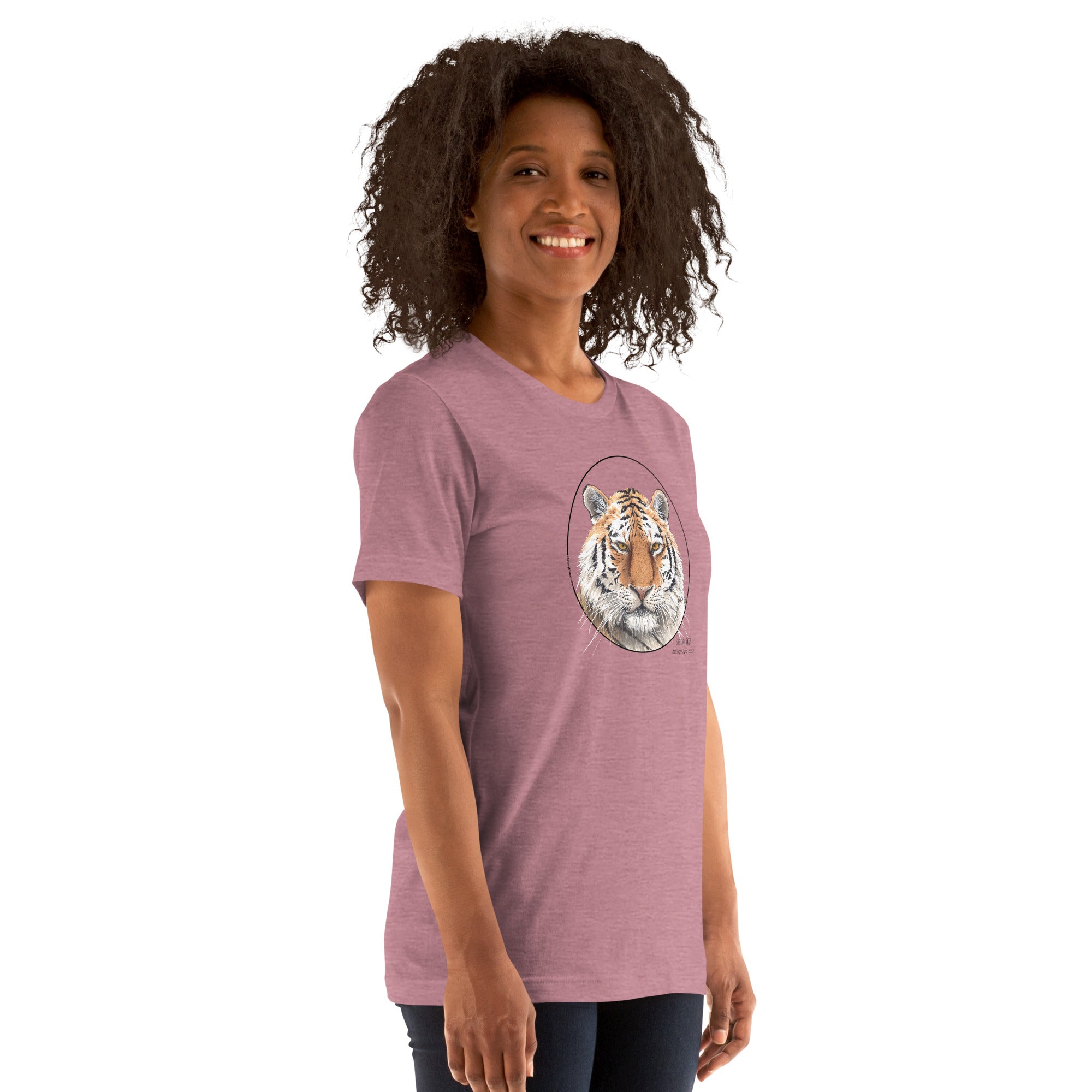 Product mockup of a female model wearing the stunning siberian tiger t-shirt in heather orchid colour.