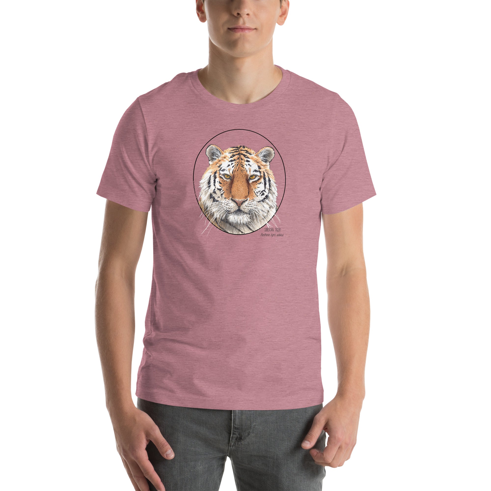 Product mockup of a male model wearing the stunning siberian tiger t-shirt in heather orchid colour.
