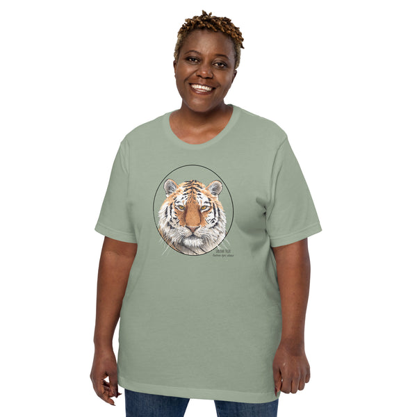 Product mockup of a female plus-size model wearing the stunning siberian tiger t-shirt in sage colour.