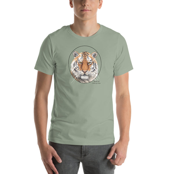 Product mockup of a male model wearing the stunning siberian tiger t-shirt in sage colour.